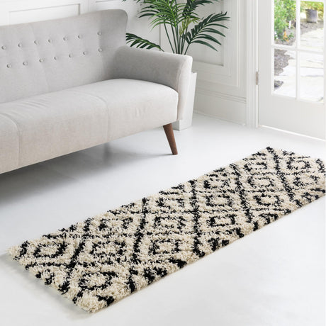 White and Black 2' 7 x 10' Trellis Shag Runner Area Rug Thick Soft Touch Fluffy & Plush Shaggy Pile Geometric Modern Unique Carpet for Home Interior Design for Sale at Rug Engine