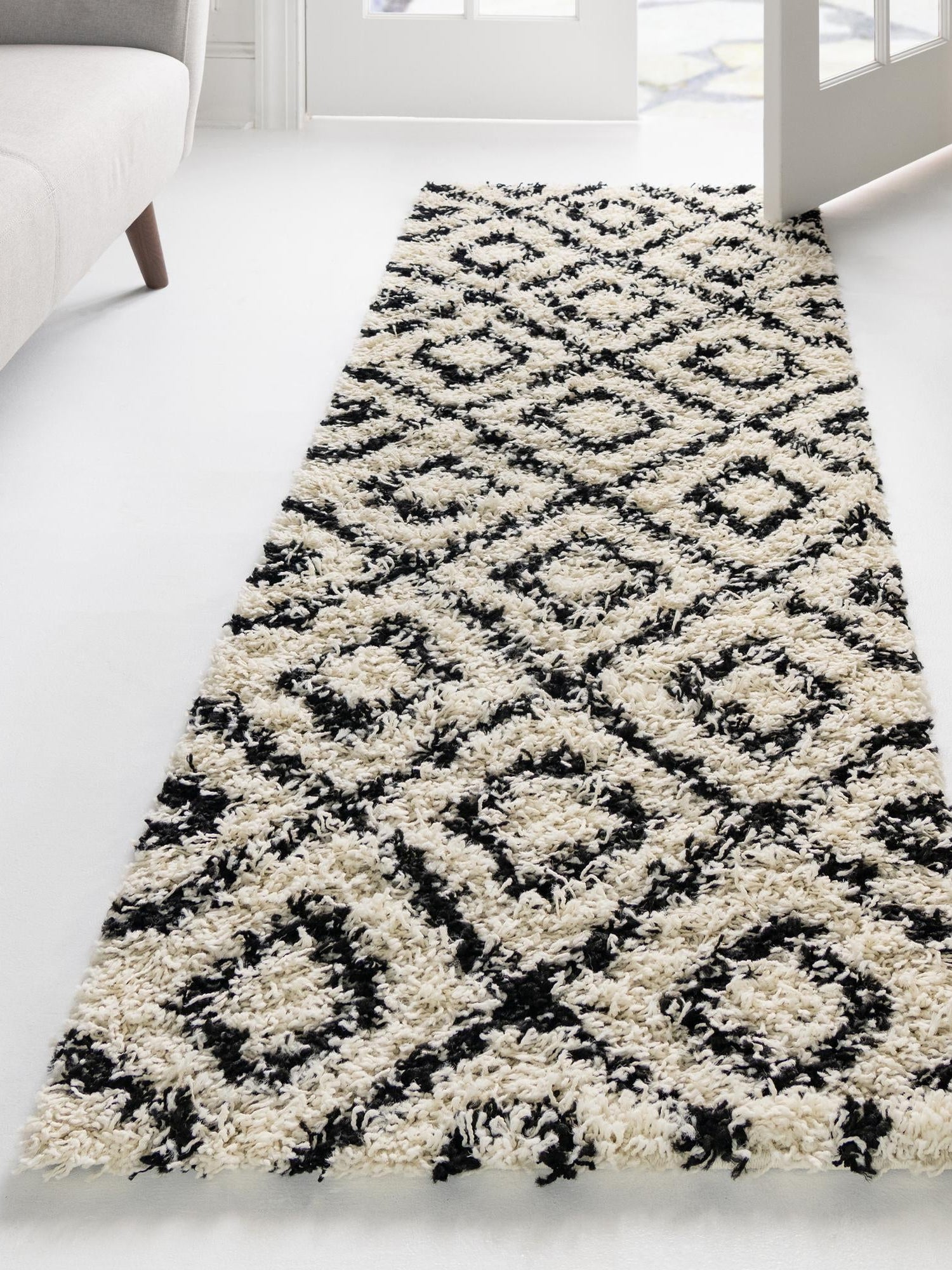 White and Black 2' x 7' Trellis Shag Runner Area Rug Thick Soft Touch Fluffy & Plush Shaggy Pile Geometric Modern Unique Carpet for Home Interior Design for Sale at Rug Engine