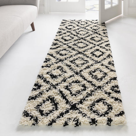 White and Black 2' x 7' Trellis Shag Runner Area Rug Thick Soft Touch Fluffy & Plush Shaggy Pile Geometric Modern Unique Carpet for Home Interior Design for Sale at Rug Engine