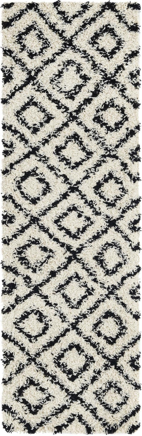 White and Black 2' x 7' Trellis Shag Runner Area Rug Thick Soft Touch Fluffy & Plush Shaggy Pile Geometric Modern Unique Carpet for Home Interior Design for Sale at Rug Engine