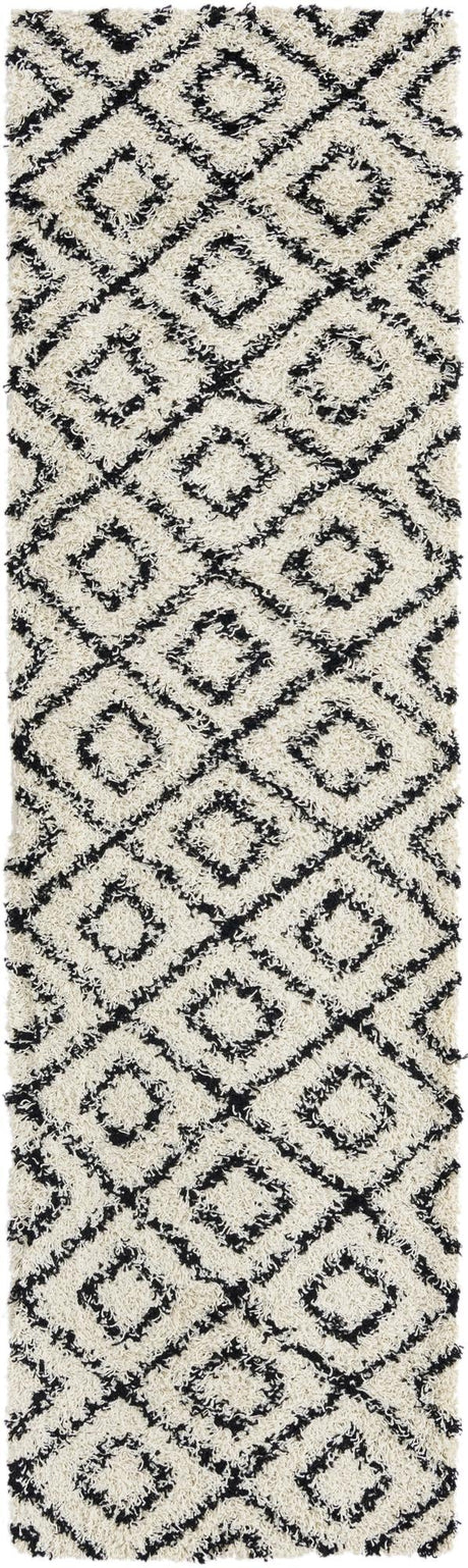 White and Black 2' 7 x 10' Trellis Shag Runner Area Rug Thick Soft Touch Fluffy & Plush Shaggy Pile Geometric Modern Unique Carpet for Home Interior Design for Sale at Rug Engine