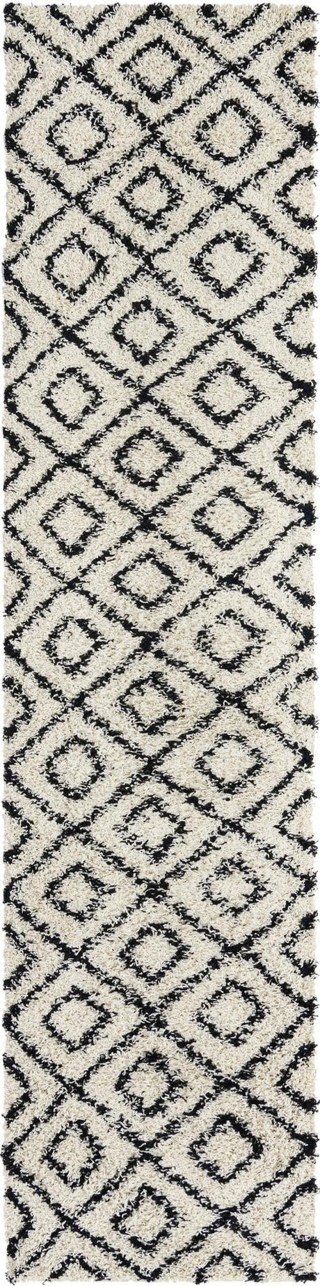 White and Black 2' 7 x 12' Trellis Shag Runner Area Rug Thick Soft Touch Fluffy & Plush Shaggy Pile Geometric Modern Unique Carpet for Home Interior Design for Sale at Rug Engine