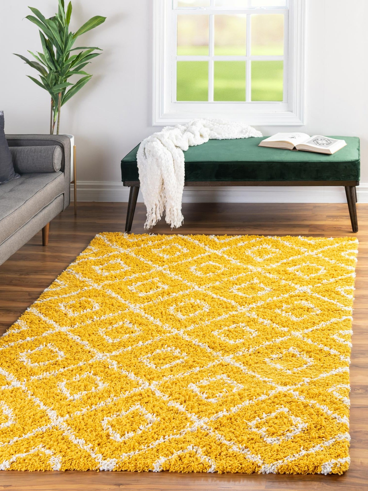 Yellow 4' x 6' Trellis Shag Rectangle Area Rug Thick Soft Touch Fluffy & Plush Shaggy Pile Geometric Modern Unique Carpet for Home Interior Design for Sale at Rug Engine