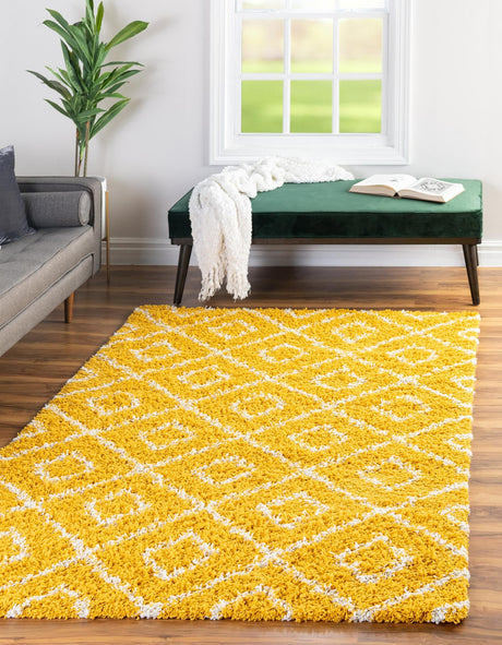 Yellow 9' x 12' Trellis Shag Rectangle Area Rug Thick Soft Touch Fluffy & Plush Shaggy Pile