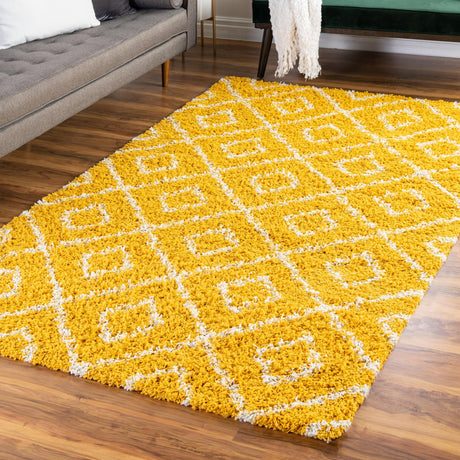 Yellow 10' x 13' Trellis Shag Rectangle Area Rug Thick Soft Touch Fluffy & Plush Shaggy Pile Geometric Modern Unique Carpet for Home Interior Design for Sale at Rug Engine