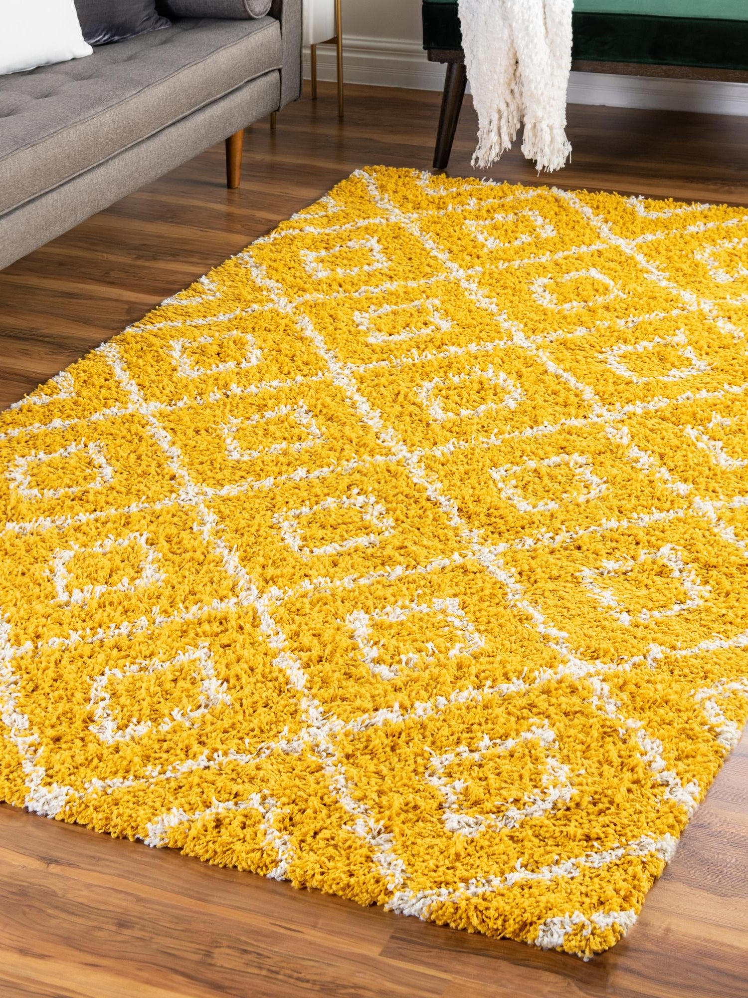 Yellow 10' 8 x 14' Trellis Shag Rectangle Area Rug Thick Soft Touch Fluffy & Plush Shaggy Pile Geometric Modern Unique Carpet for Home Interior Design for Sale at Rug Engine