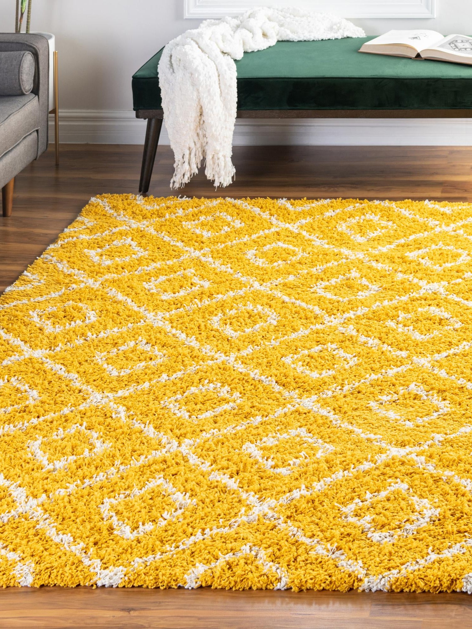 Yellow 10' 8 x 14' Trellis Shag Rectangle Area Rug Thick Soft Touch Fluffy & Plush Shaggy Pile Geometric Modern Unique Carpet for Home Interior Design for Sale at Rug Engine