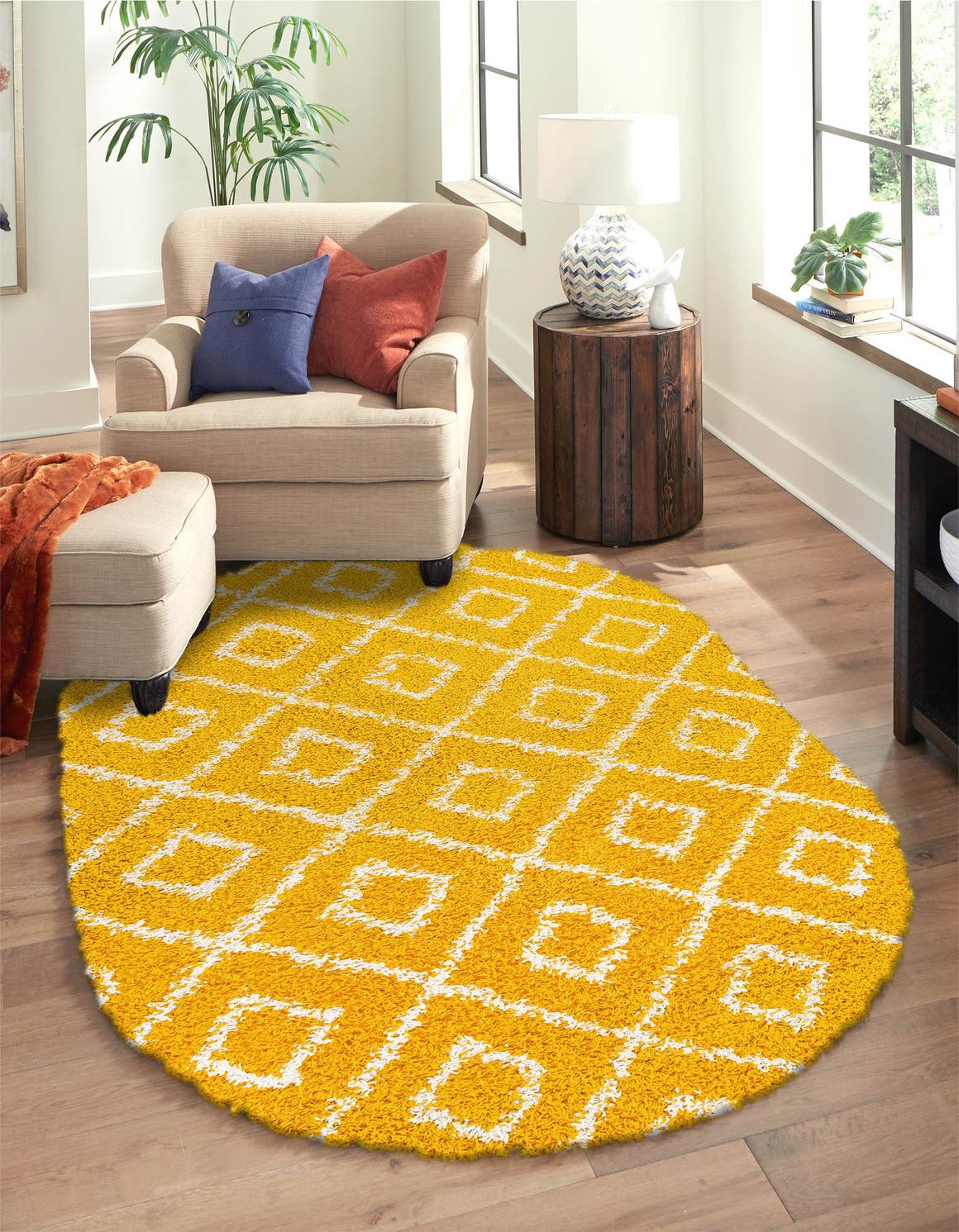 Yellow 4' x 6' Trellis Shag Oval Area Rug Thick Soft Touch Fluffy & Plush Shaggy Pile Geometric Modern Unique Carpet for Home Interior Design for Sale at Rug Engine