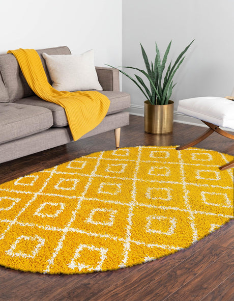 Yellow 4' x 6' Trellis Shag Oval Area Rug Thick Soft Touch Fluffy & Plush Shaggy Pile