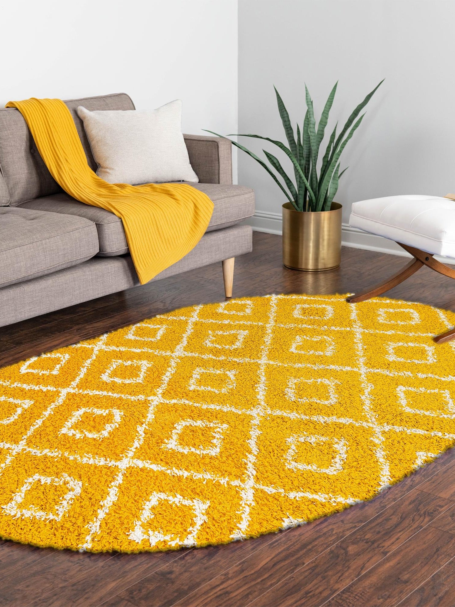 Yellow 5' 3 x 8' Trellis Shag Oval Area Rug Thick Soft Touch Fluffy & Plush Shaggy Pile Geometric Modern Unique Carpet for Home Interior Design for Sale at Rug Engine
