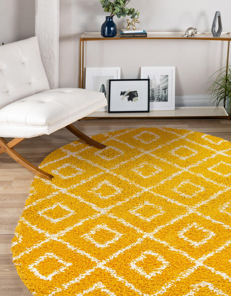 Yellow 7' 10 x 10' Trellis Shag Oval Area Rug Thick Soft Touch Fluffy & Plush Shaggy Pile Geometric Modern Unique Carpet for Home Interior Design for Sale at Rug Engine