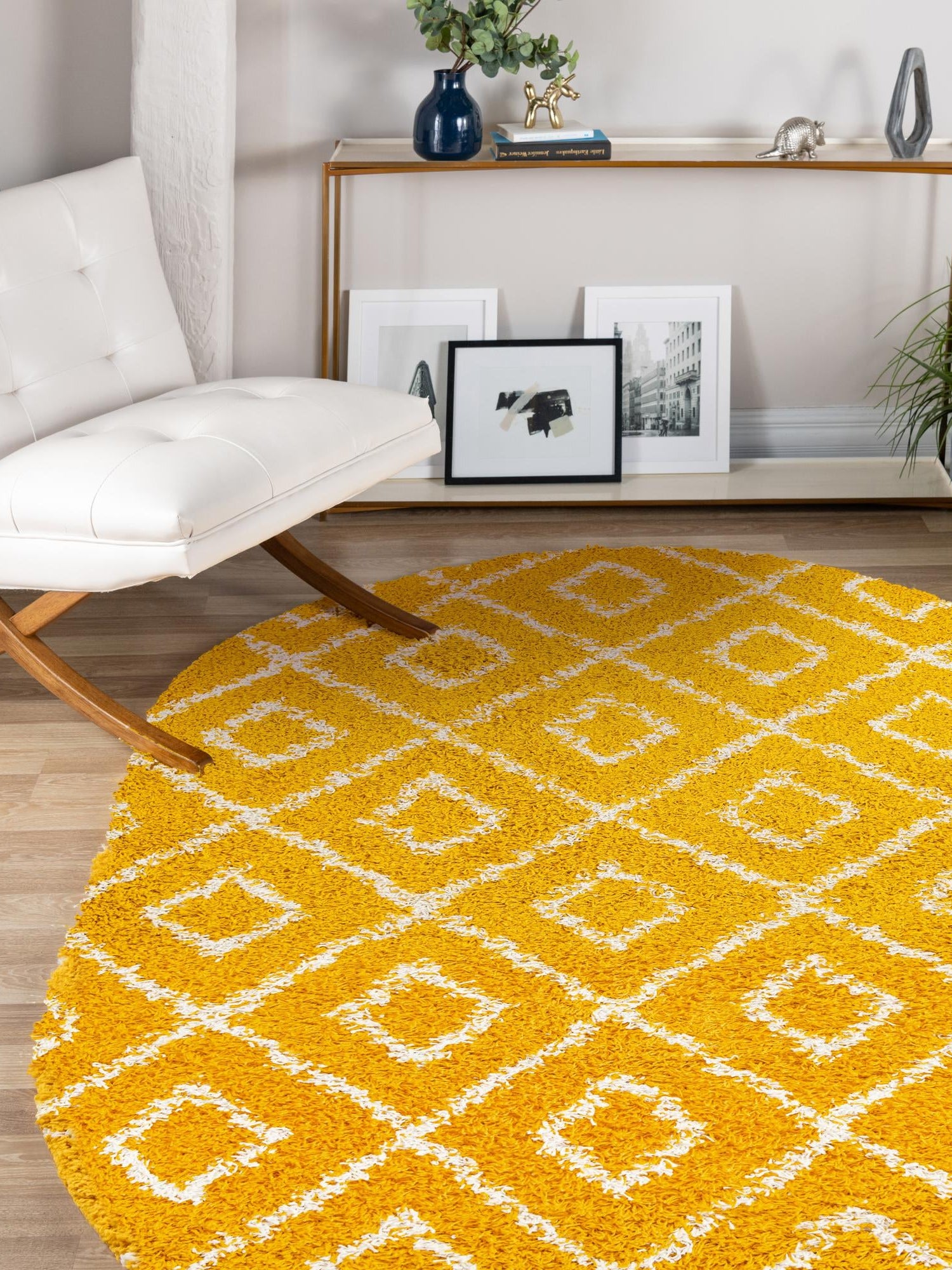 Yellow 5' 3 x 8' Trellis Shag Oval Area Rug Thick Soft Touch Fluffy & Plush Shaggy Pile Geometric Modern Unique Carpet for Home Interior Design for Sale at Rug Engine