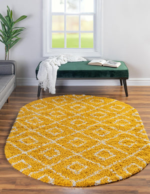 Yellow 4' x 6' Trellis Shag Oval Area Rug Thick Soft Touch Fluffy & Plush Shaggy Pile
