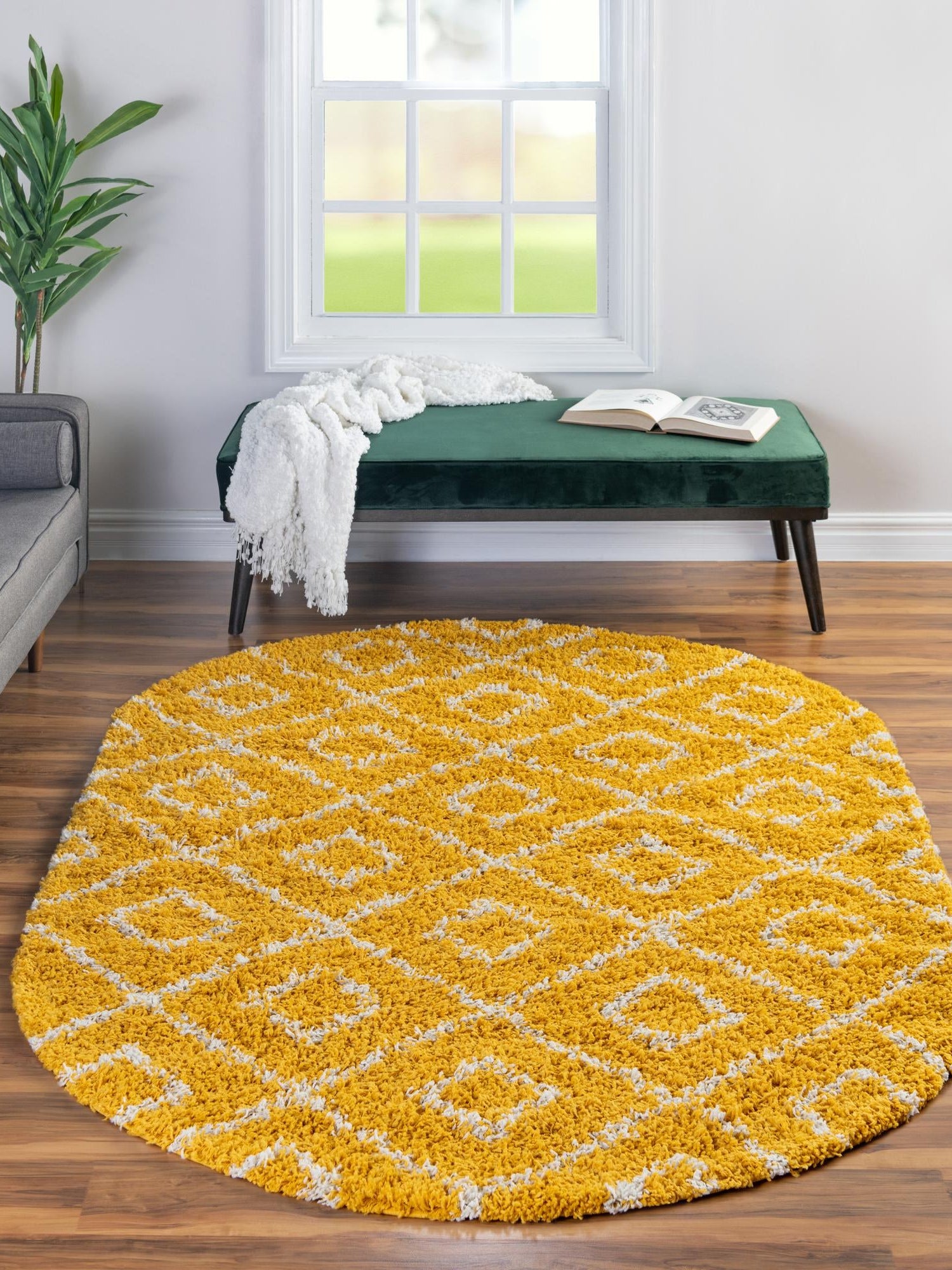 Yellow 5' 3 x 8' Trellis Shag Oval Area Rug Thick Soft Touch Fluffy & Plush Shaggy Pile Geometric Modern Unique Carpet for Home Interior Design for Sale at Rug Engine