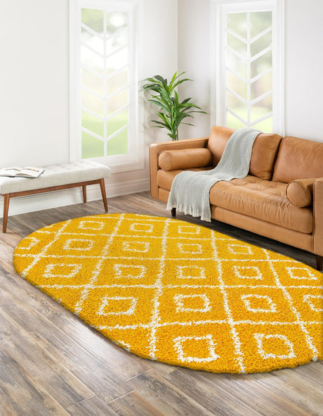 Yellow 4' x 6' Trellis Shag Oval Area Rug Thick Soft Touch Fluffy & Plush Shaggy Pile Geometric Modern Unique Carpet for Home Interior Design for Sale at Rug Engine