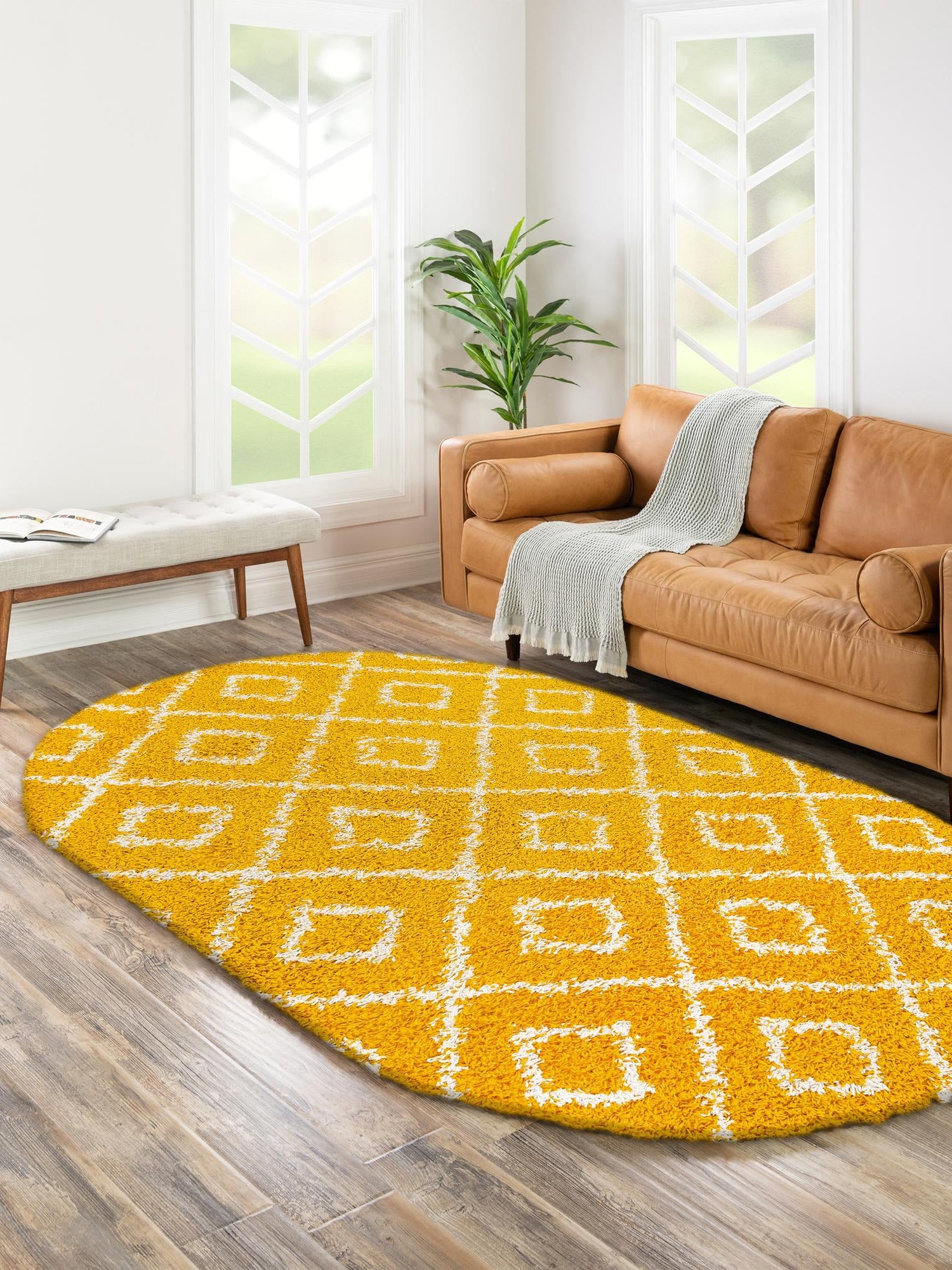 Yellow 5' 3 x 8' Trellis Shag Oval Area Rug Thick Soft Touch Fluffy & Plush Shaggy Pile Geometric Modern Unique Carpet for Home Interior Design for Sale at Rug Engine