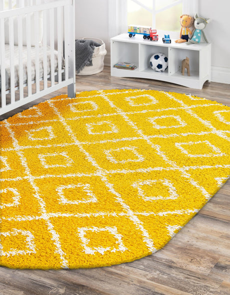Yellow 4' x 6' Trellis Shag Oval Area Rug Thick Soft Touch Fluffy & Plush Shaggy Pile Geometric Modern Unique Carpet for Home Interior Design for Sale at Rug Engine