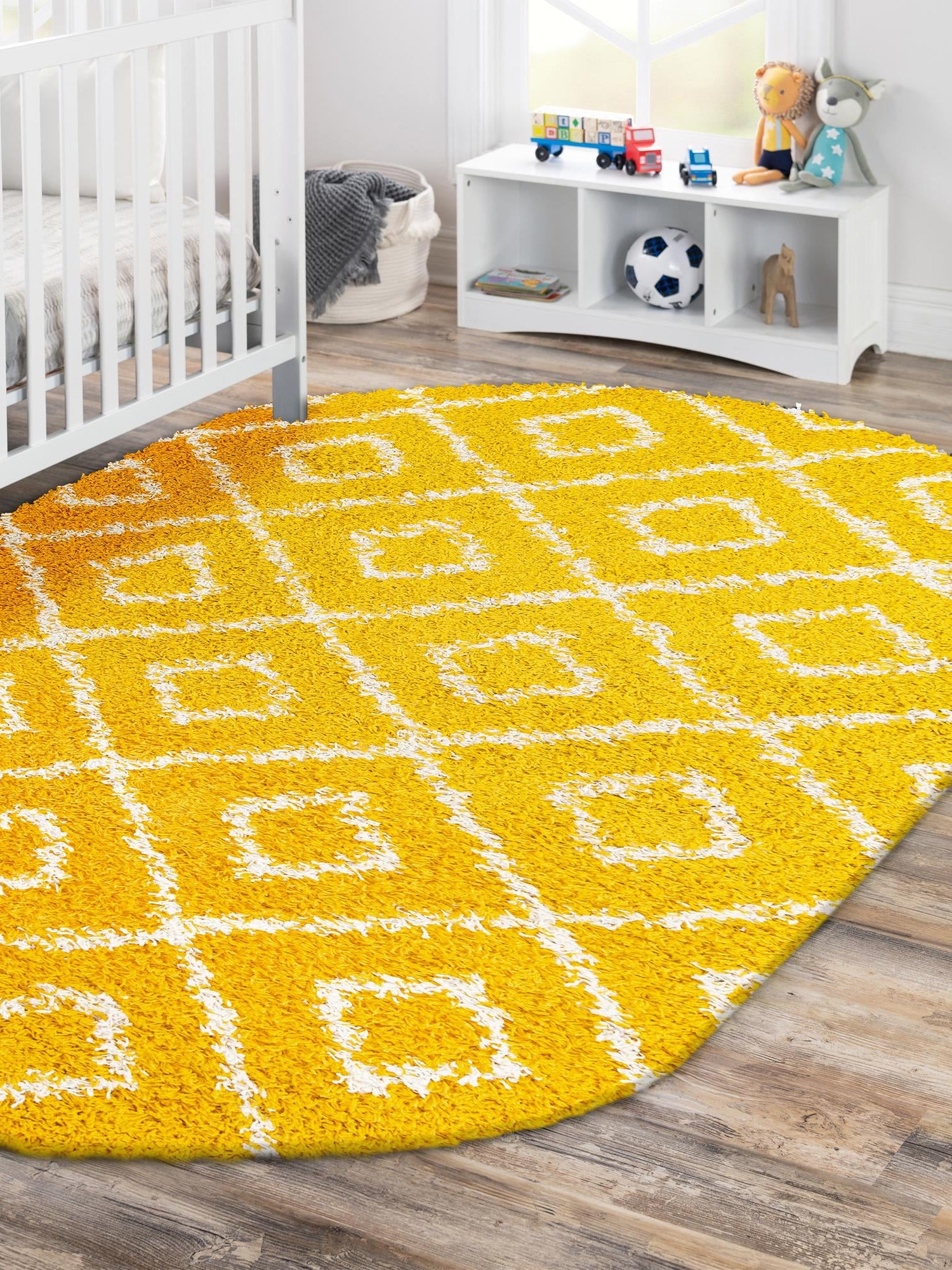 Yellow 5' 3 x 8' Trellis Shag Oval Area Rug Thick Soft Touch Fluffy & Plush Shaggy Pile Geometric Modern Unique Carpet for Home Interior Design for Sale at Rug Engine