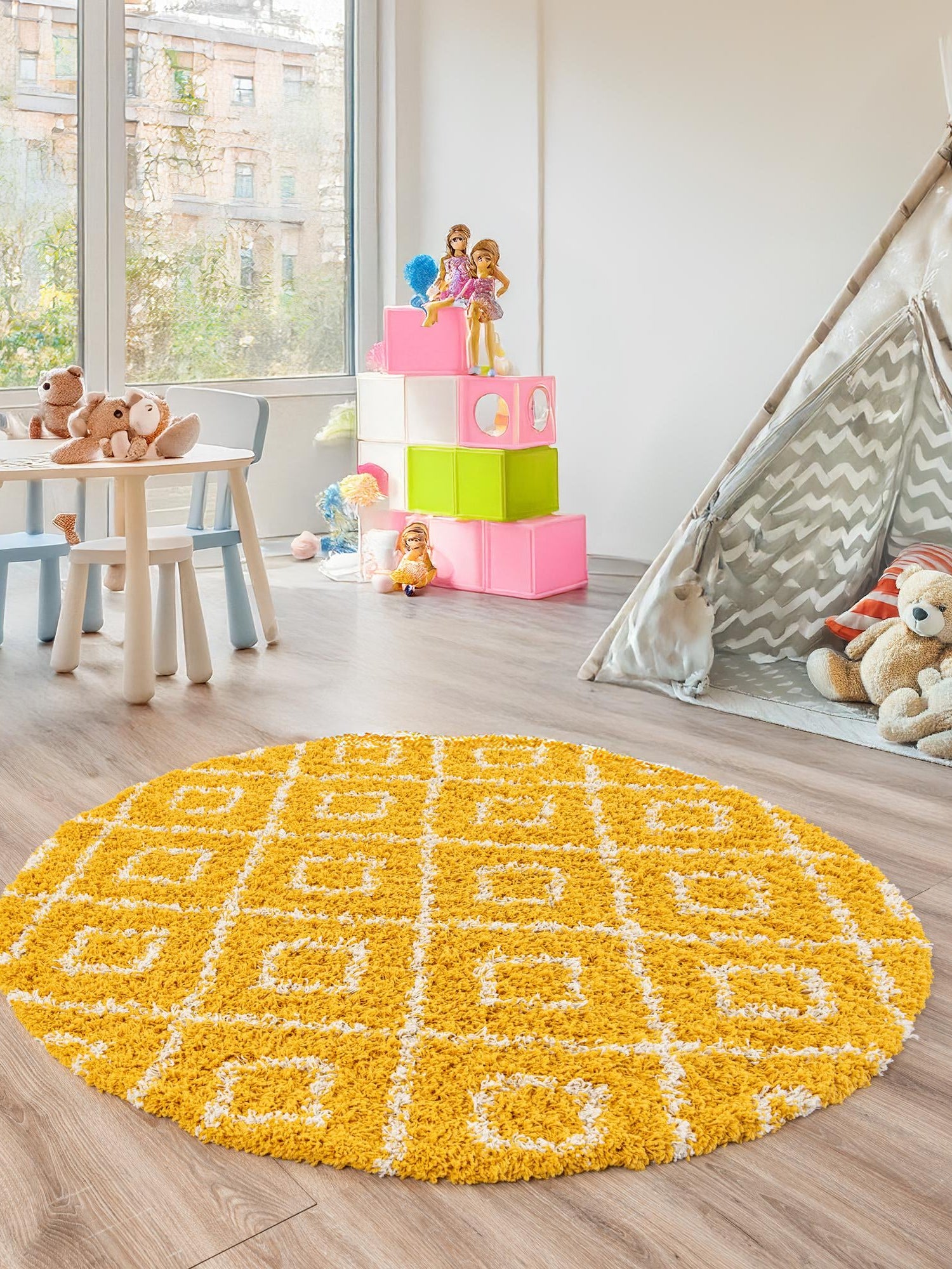 Yellow 10' x 10' Trellis Shag Round Area Rug Thick Soft Touch Fluffy & Plush Shaggy Pile Geometric Modern Unique Carpet for Home Interior Design for Sale at Rug Engine