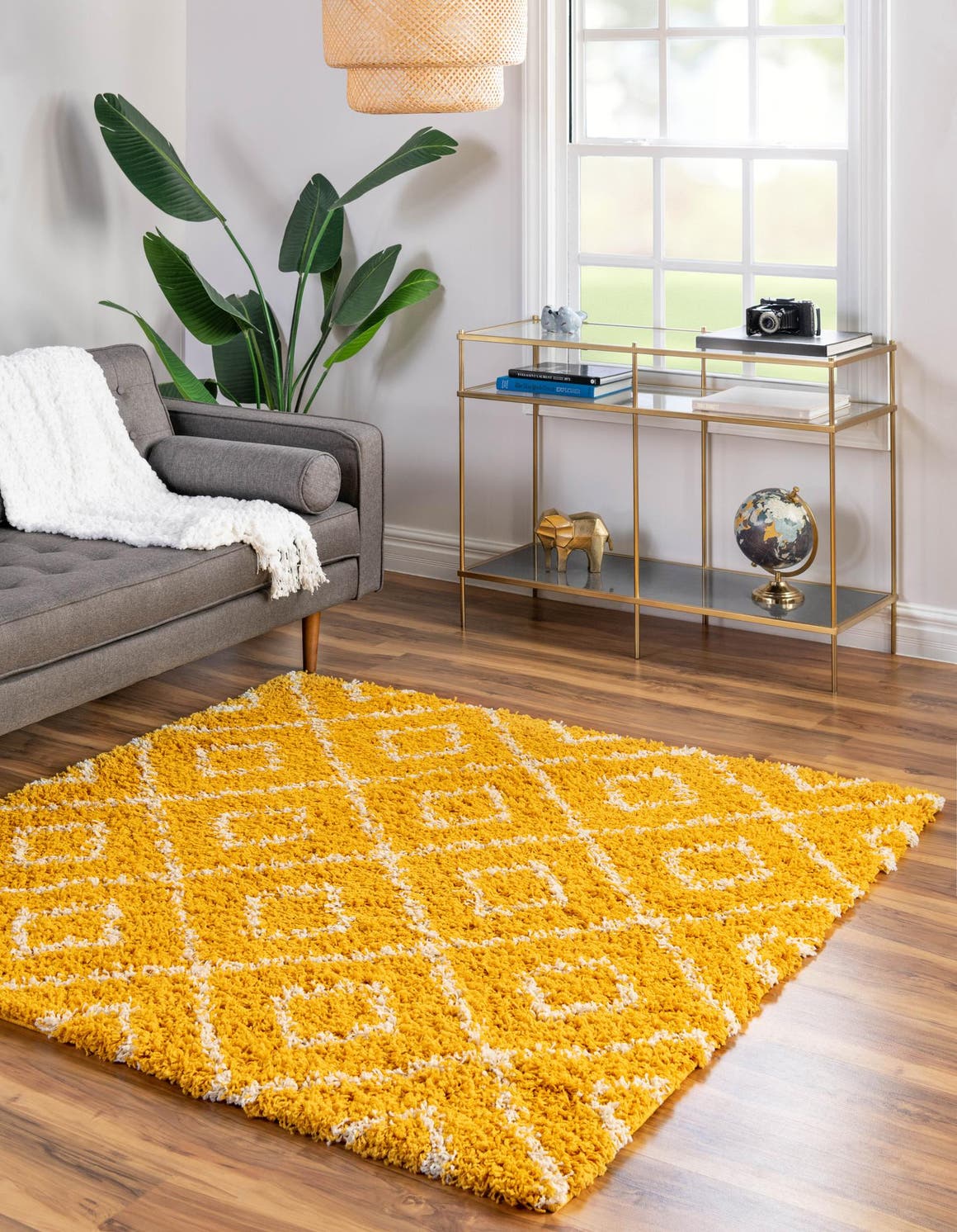Yellow 3' 3 x 3' 3 Trellis Shag Square Area Rug Thick Soft Touch Fluffy & Plush Shaggy Pile Geometric Modern Unique Carpet for Home Interior Design for Sale at Rug Engine
