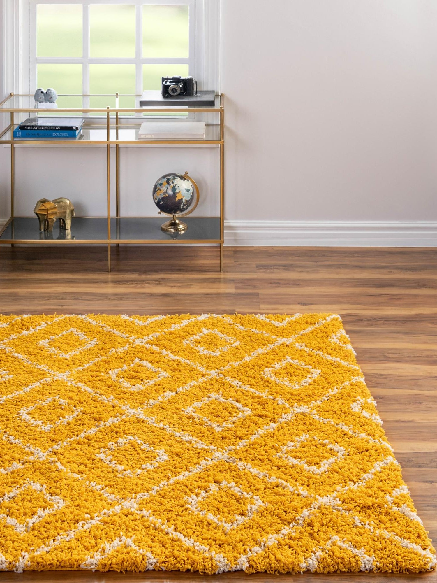 Yellow 10' x 10' Trellis Shag Square Area Rug Thick Soft Touch Fluffy & Plush Shaggy Pile Geometric Modern Unique Carpet for Home Interior Design for Sale at Rug Engine