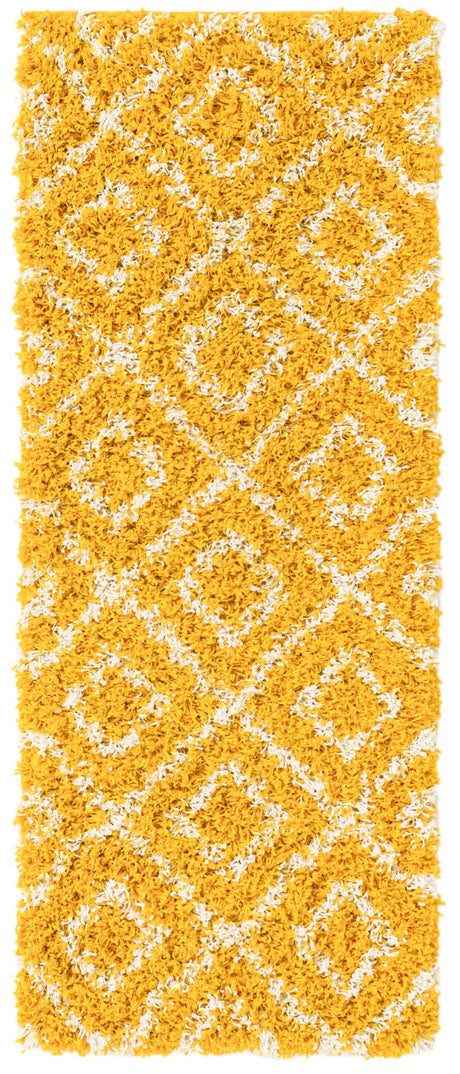 Yellow 2' x 5' Trellis Shag Runner Area Rug Thick Soft Touch Fluffy & Plush Shaggy Pile Geometric Modern Unique Carpet for Home Interior Design for Sale at Rug Engine