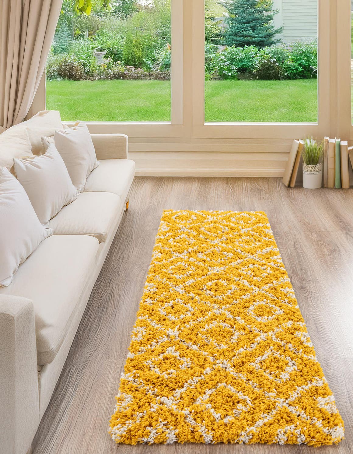 Yellow 2' 7 x 10' Trellis Shag Runner Area Rug Thick Soft Touch Fluffy & Plush Shaggy Pile Geometric Modern Unique Carpet for Home Interior Design for Sale at Rug Engine