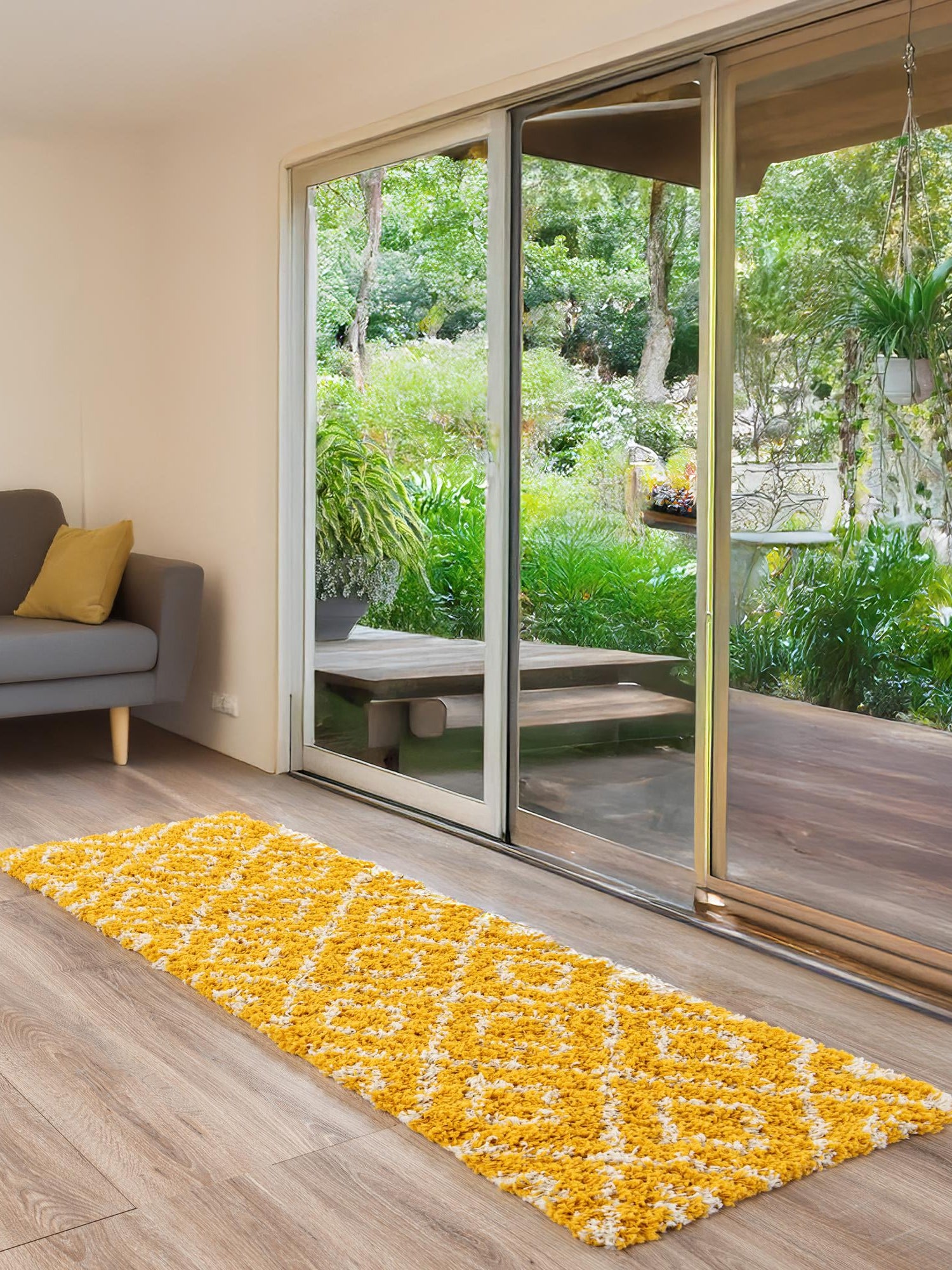 Yellow 2' x 7' Trellis Shag Runner Area Rug Thick Soft Touch Fluffy & Plush Shaggy Pile Geometric Modern Unique Carpet for Home Interior Design for Sale at Rug Engine