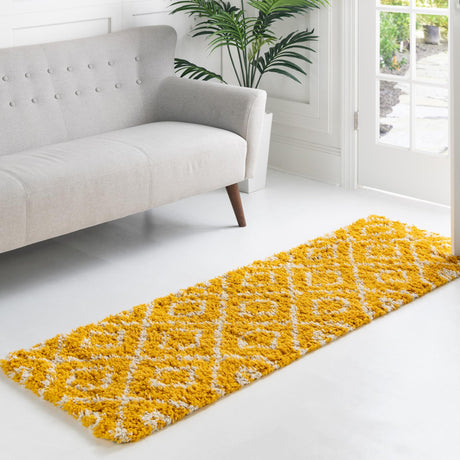 Yellow 2' x 5' Trellis Shag Runner Area Rug Thick Soft Touch Fluffy & Plush Shaggy Pile Geometric Modern Unique Carpet for Home Interior Design for Sale at Rug Engine