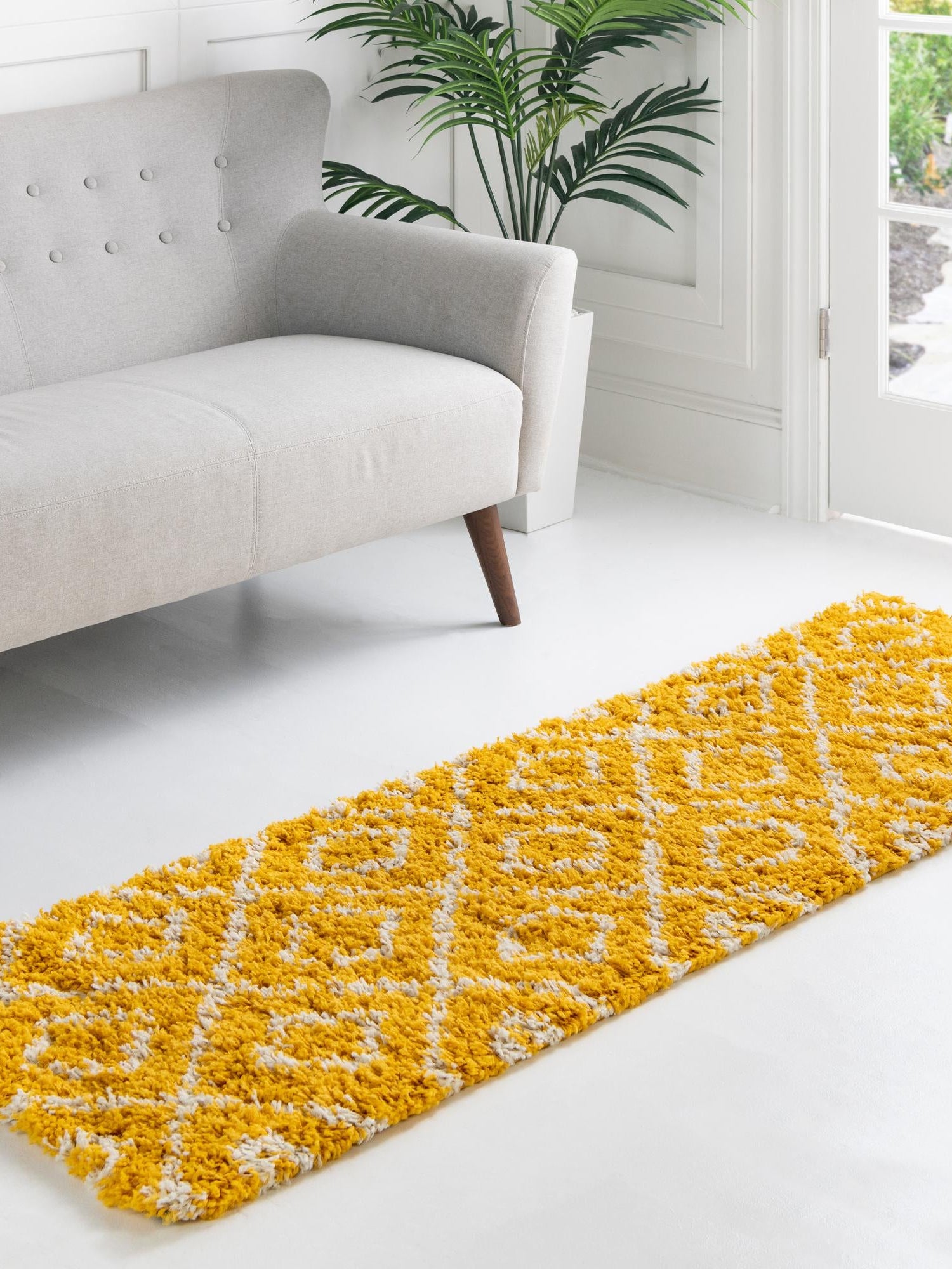 Yellow 2' 7 x 12' Trellis Shag Runner Area Rug Thick Soft Touch Fluffy & Plush Shaggy Pile Geometric Modern Unique Carpet for Home Interior Design for Sale at Rug Engine