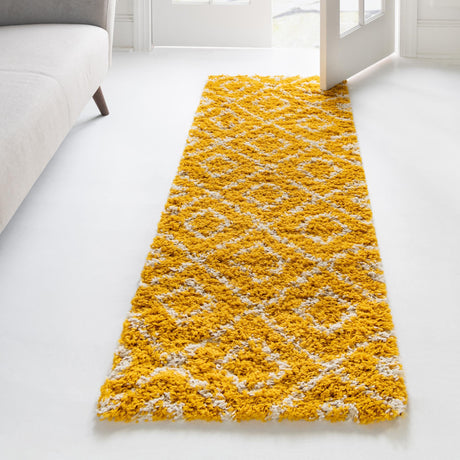 Yellow 2' x 5' Trellis Shag Runner Area Rug Thick Soft Touch Fluffy & Plush Shaggy Pile Geometric Modern Unique Carpet for Home Interior Design for Sale at Rug Engine