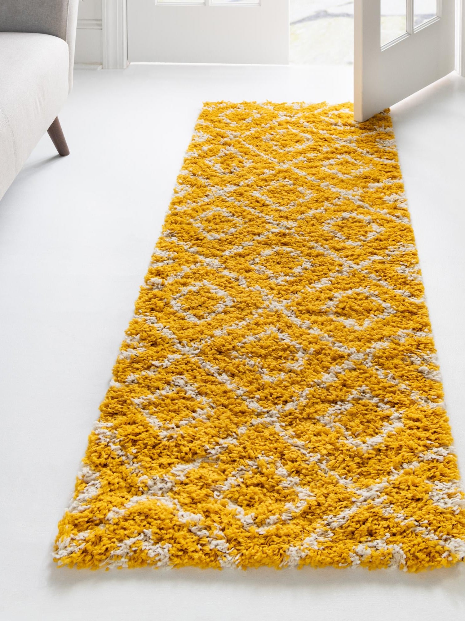 Yellow 2' 7 x 12' Trellis Shag Runner Area Rug Thick Soft Touch Fluffy & Plush Shaggy Pile Geometric Modern Unique Carpet for Home Interior Design for Sale at Rug Engine