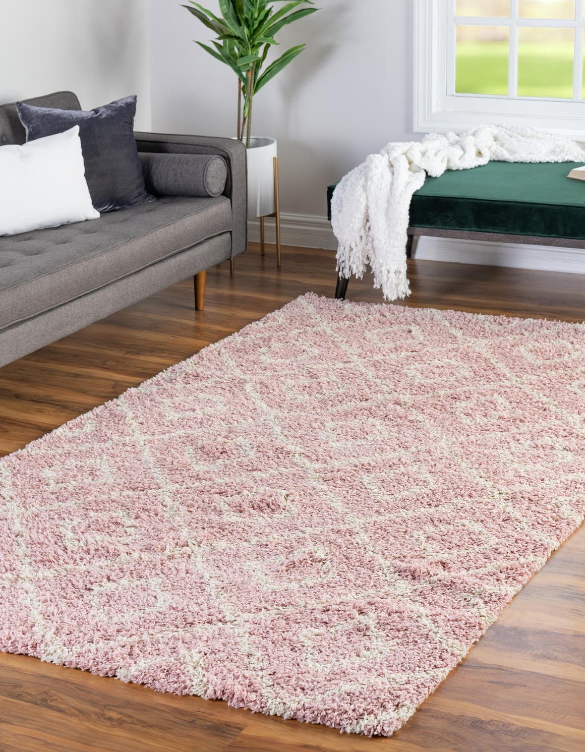 Light Pink 10' x 13' Trellis Shag Rectangle Area Rug Thick Soft Touch Fluffy & Plush Shaggy Pile Geometric Modern Unique Carpet for Home Interior Design for Sale at Rug Engine