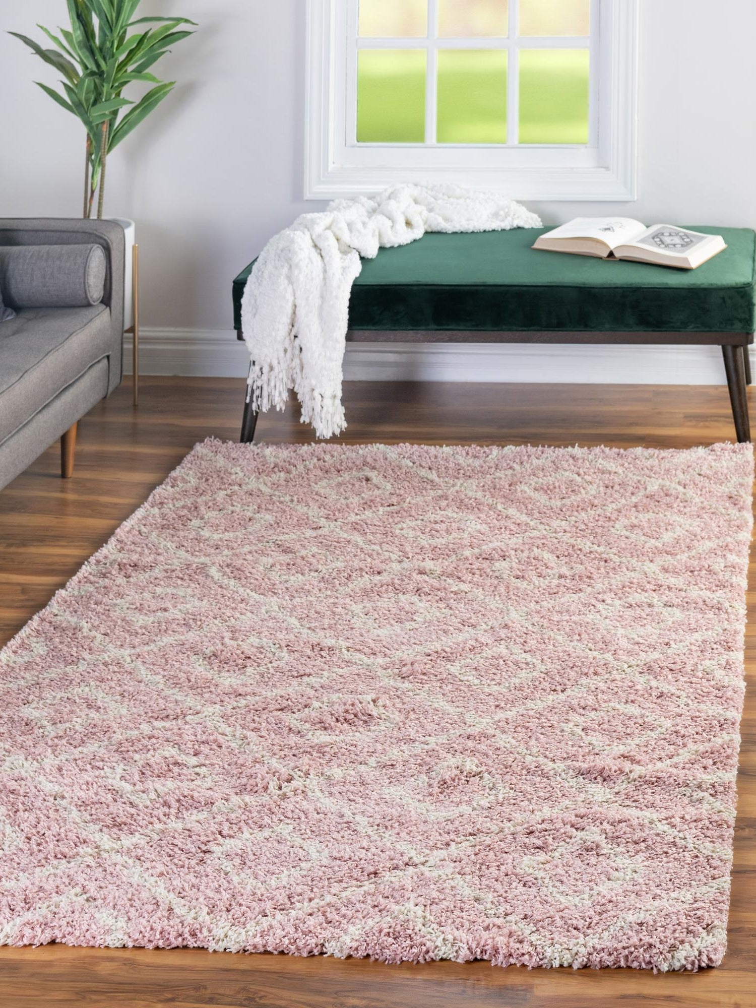 Light Pink 6' x 9' Trellis Shag Rectangle Area Rug Thick Soft Touch Fluffy & Plush Shaggy Pile Geometric Modern Unique Carpet for Home Interior Design for Sale at Rug Engine