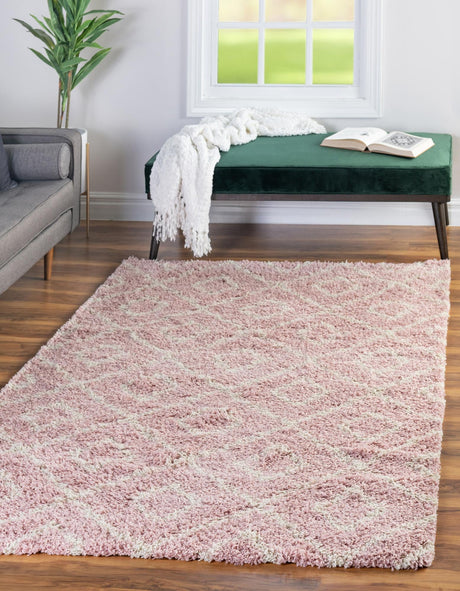 Light Pink 10' x 13' Trellis Shag Rectangle Area Rug Thick Soft Touch Fluffy & Plush Shaggy Pile