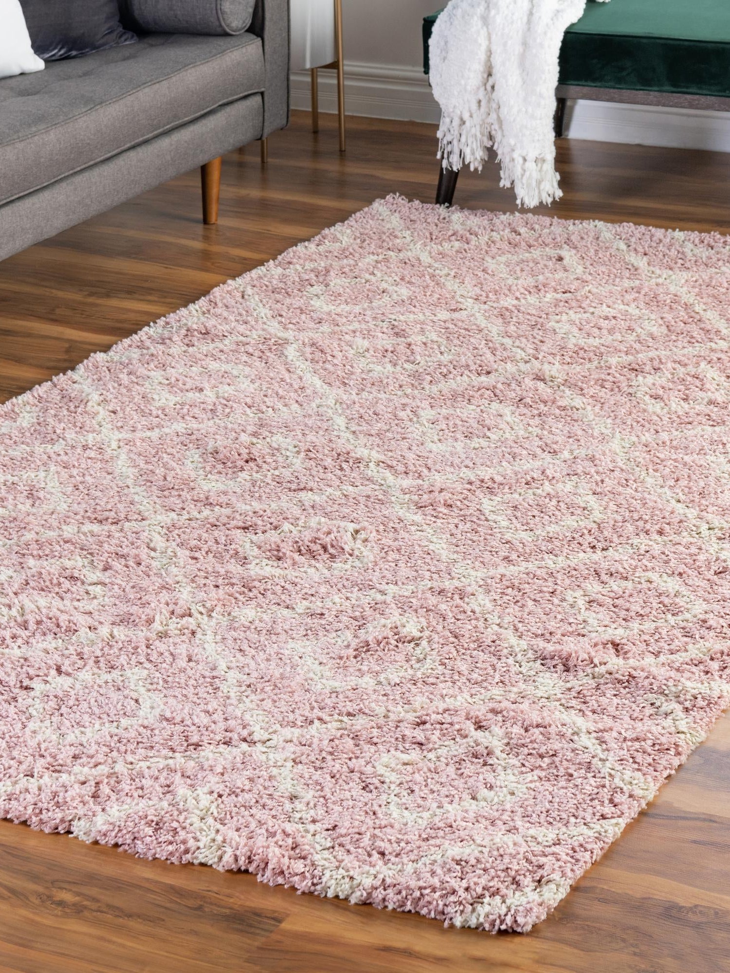 Light Pink 2' x 3' Trellis Shag Rectangle Area Rug Thick Soft Touch Fluffy & Plush Shaggy Pile Geometric Modern Unique Carpet for Home Interior Design for Sale at Rug Engine