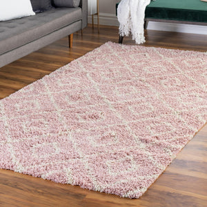 Light Pink 2' x 3' Trellis Shag Rectangle Area Rug Thick Soft Touch Fluffy & Plush Shaggy Pile