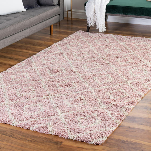 Light Pink 2' x 3' Trellis Shag Rectangle Area Rug Thick Soft Touch Fluffy & Plush Shaggy Pile