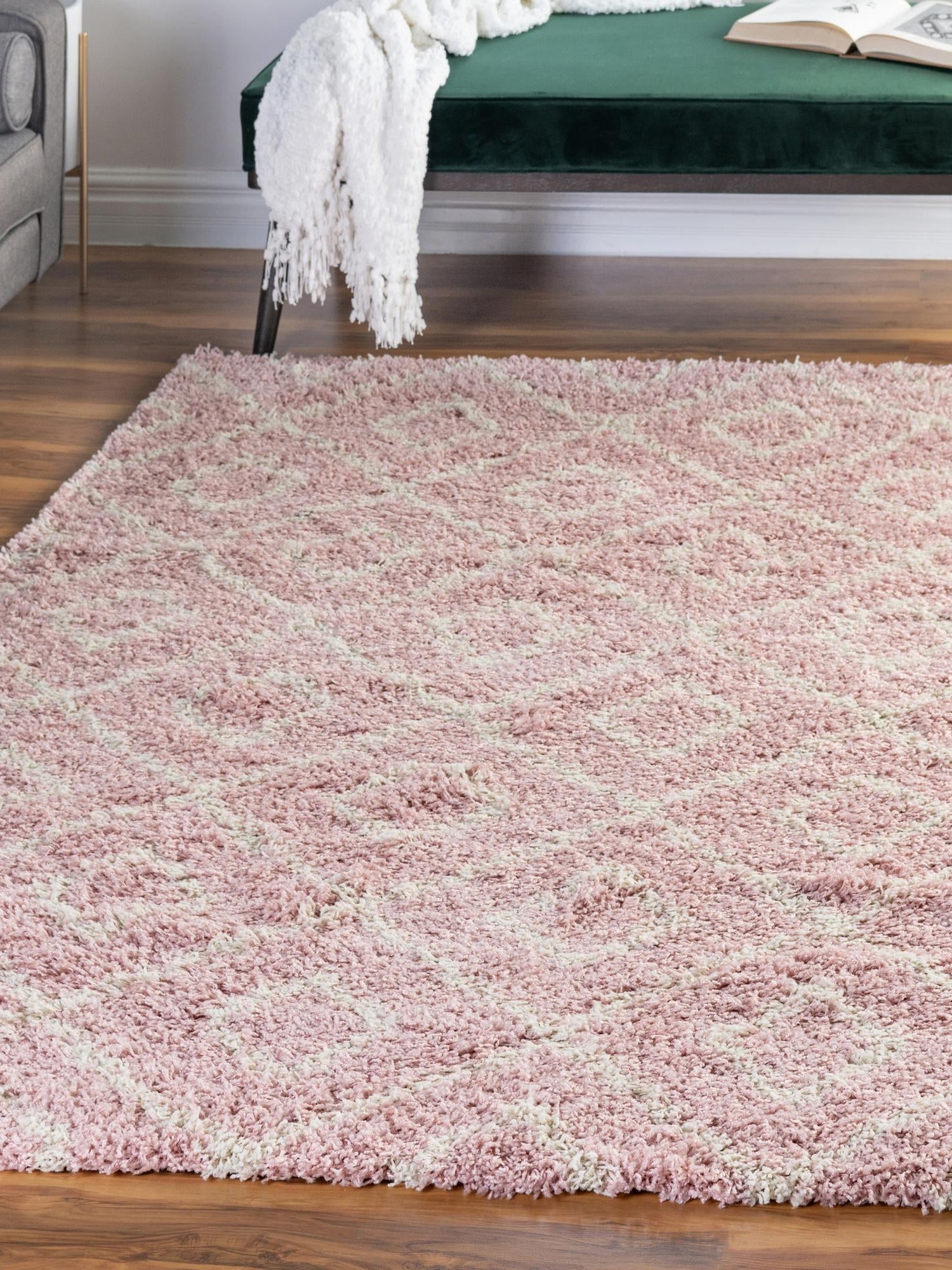 Light Pink 2' x 3' Trellis Shag Rectangle Area Rug Thick Soft Touch Fluffy & Plush Shaggy Pile Geometric Modern Unique Carpet for Home Interior Design for Sale at Rug Engine