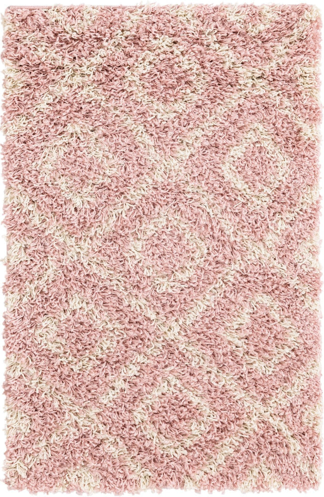 Light Pink 2' x 3' Trellis Shag Rectangle Area Rug Thick Soft Touch Fluffy & Plush Shaggy Pile