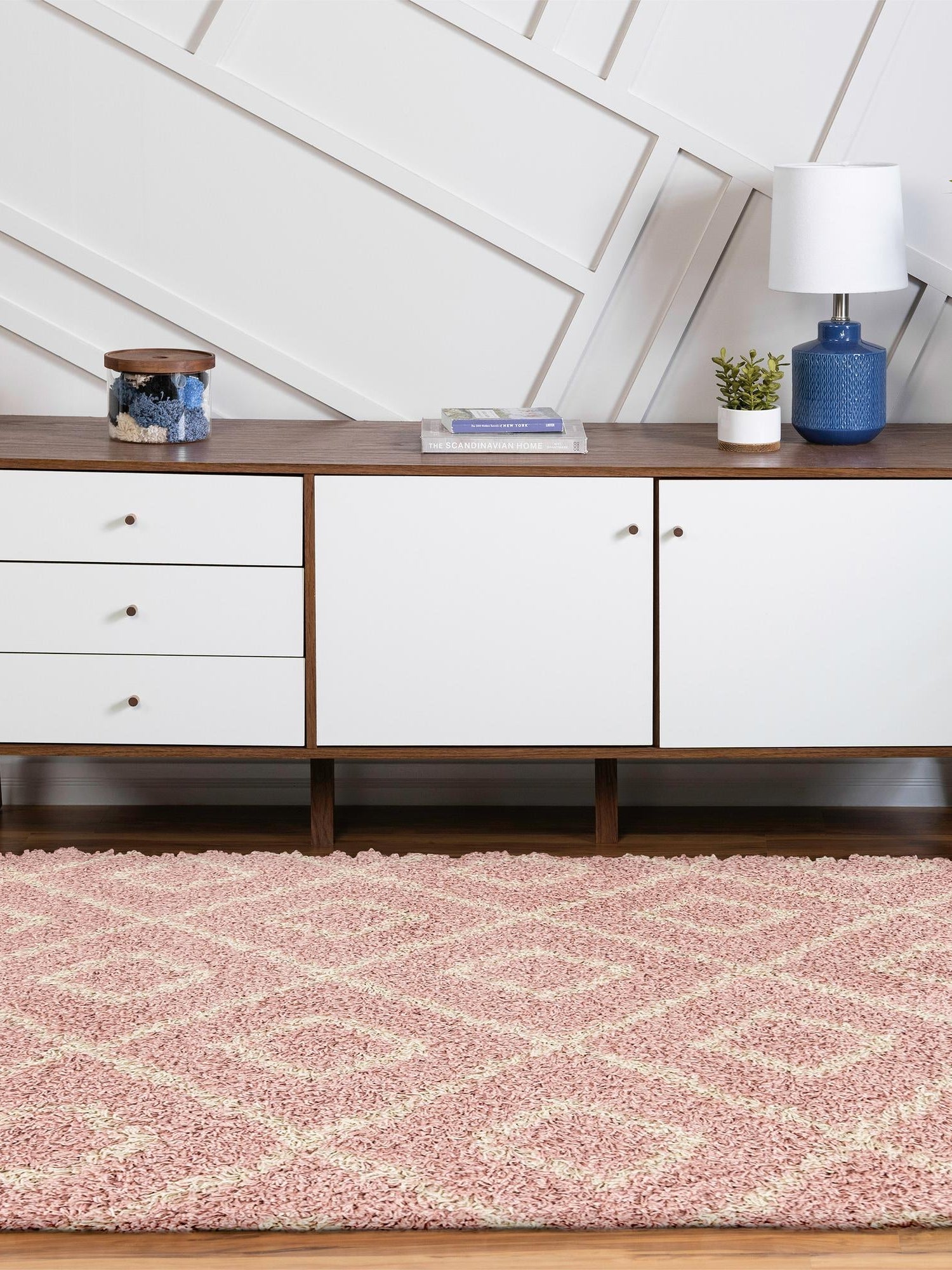 Light Pink 5' 3 x 8' Trellis Shag Oval Area Rug Thick Soft Touch Fluffy & Plush Shaggy Pile Geometric Modern Unique Carpet for Home Interior Design for Sale at Rug Engine