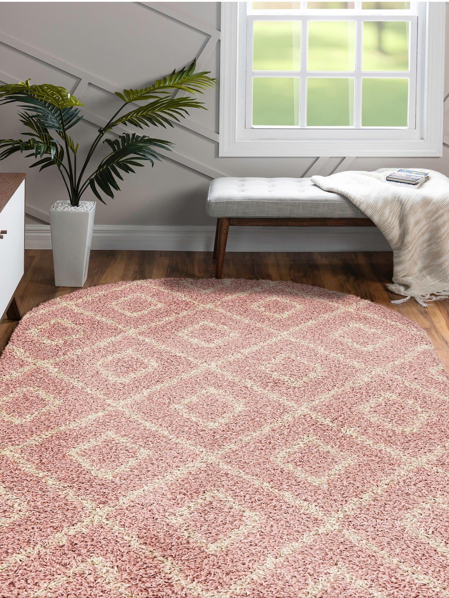 Light Pink 4' x 6' Trellis Shag Oval Area Rug Thick Soft Touch Fluffy & Plush Shaggy Pile Geometric Modern Unique Carpet for Home Interior Design for Sale at Rug Engine