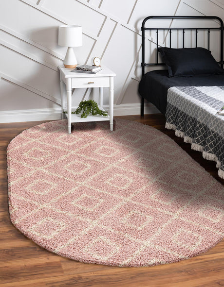 Light Pink 7' 10 x 10' Trellis Shag Oval Area Rug Thick Soft Touch Fluffy & Plush Shaggy Pile Geometric Modern Unique Carpet for Home Interior Design for Sale at Rug Engine