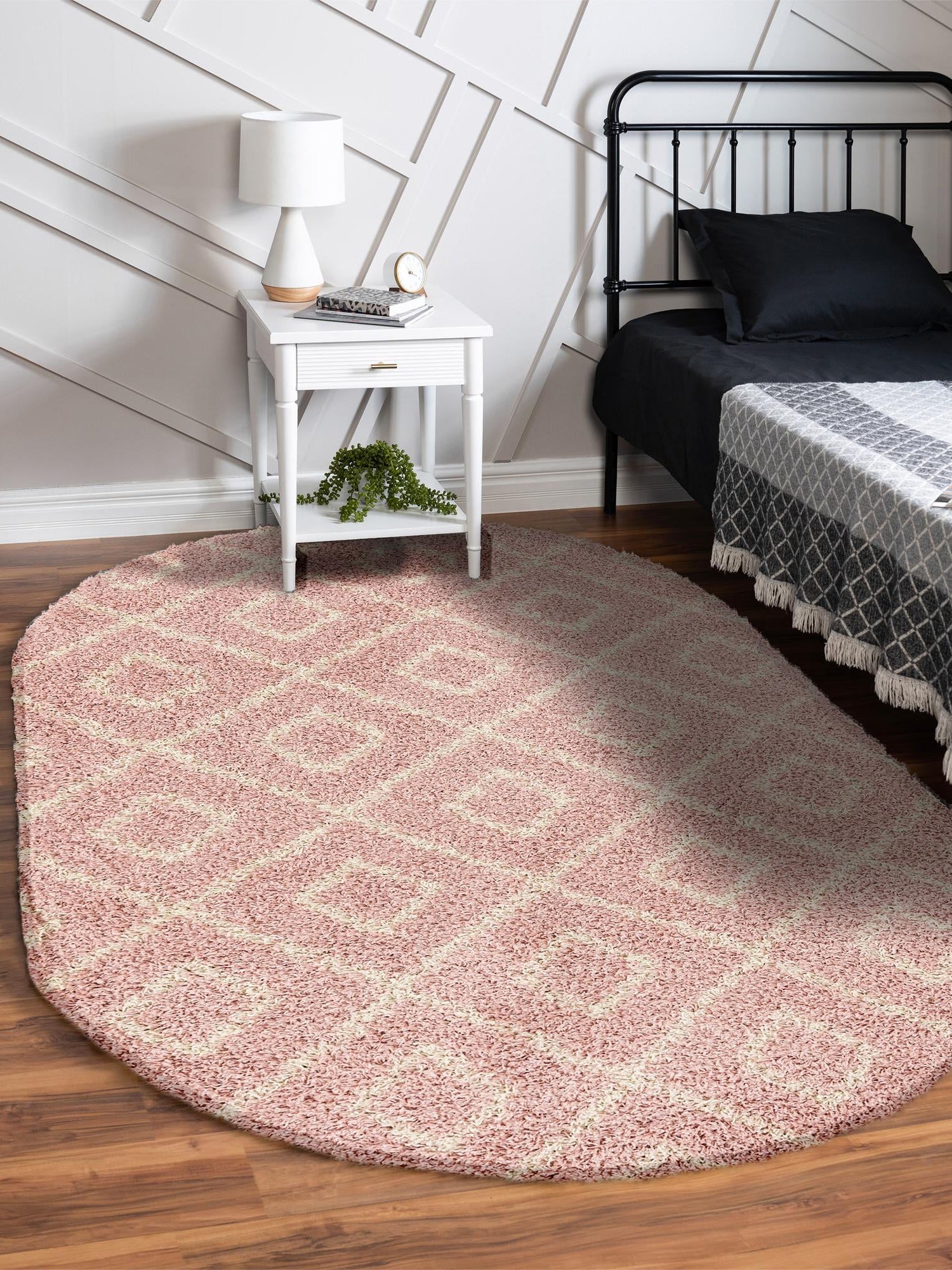 Light Pink 4' x 6' Trellis Shag Oval Area Rug Thick Soft Touch Fluffy & Plush Shaggy Pile Geometric Modern Unique Carpet for Home Interior Design for Sale at Rug Engine