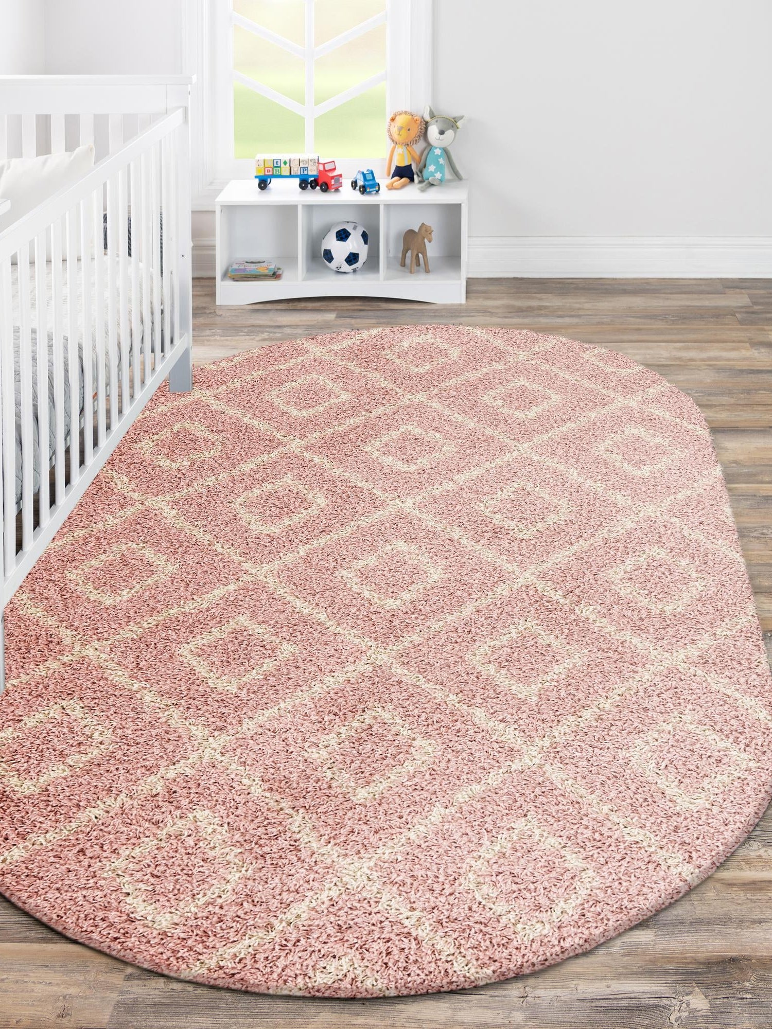 Light Pink 4' x 6' Trellis Shag Oval Area Rug Thick Soft Touch Fluffy & Plush Shaggy Pile Geometric Modern Unique Carpet for Home Interior Design for Sale at Rug Engine