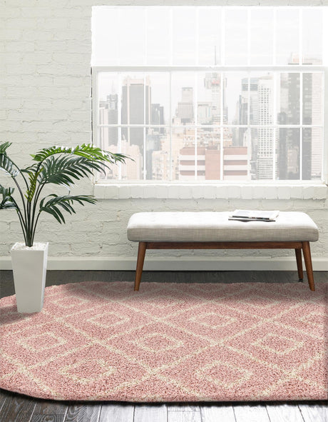 Light Pink 7' 10 x 10' Trellis Shag Oval Area Rug Thick Soft Touch Fluffy & Plush Shaggy Pile Geometric Modern Unique Carpet for Home Interior Design for Sale at Rug Engine