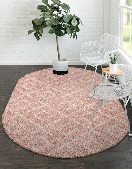 Light Pink 7' 10 x 10' Trellis Shag Oval Area Rug Thick Soft Touch Fluffy & Plush Shaggy Pile Geometric Modern Unique Carpet for Home Interior Design for Sale at Rug Engine