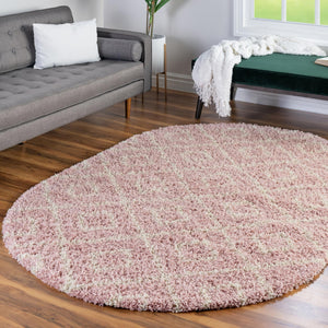 Light Pink 7' 10 x 10' Trellis Shag Oval Area Rug Thick Soft Touch Fluffy & Plush Shaggy Pile