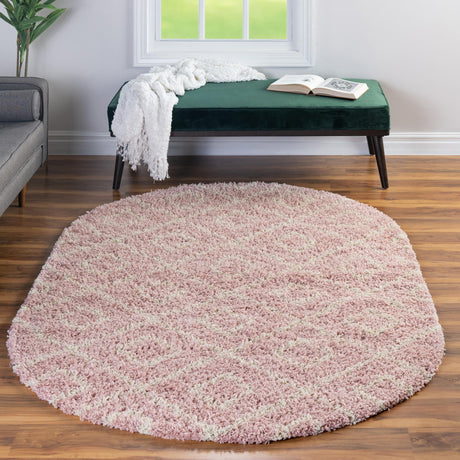 Light Pink 7' 10 x 10' Trellis Shag Oval Area Rug Thick Soft Touch Fluffy & Plush Shaggy Pile Geometric Modern Unique Carpet for Home Interior Design for Sale at Rug Engine