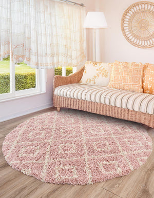 Light Pink 10' x 10' Trellis Shag Round Area Rug Thick Soft Touch Fluffy & Plush Shaggy Pile